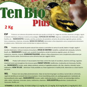 Ten Bio Plús Anticoccidios Legazin Ten Bio Plús Legazin 2 Kgrs. Producto con extractos de plantas naturales, que ayuda a controlar las cargas de coccidios, bacterias y hongos, regula el tránsito intestinal y refuerza el sistema inmunológico. Especies de destino: Jilgueros, cardenalitos de Venezuela, lúgano, pardillo, etc... Formato:      • 2 kg Información de interés INGREDIENTES: Cereales, semillas, productos de panadería, extractos de proteínas vegetales, grasas, aceites, lisina y meteonina, vitaminas y minerales. VITAMINAS: A, D3, K, B1, B2, B6, B12, E, Biotina, Cobre, Ácido Nicótico, Ácido Pantoténico y Cloruro de Colina. MODO DE EMPLEO: Administrar a libre disposición como complemento alimentario en pájaros sanos. Administrar como comida base en pájaros enfermos. CONSERVAR EN LUGAR FRESCO Y SECO.